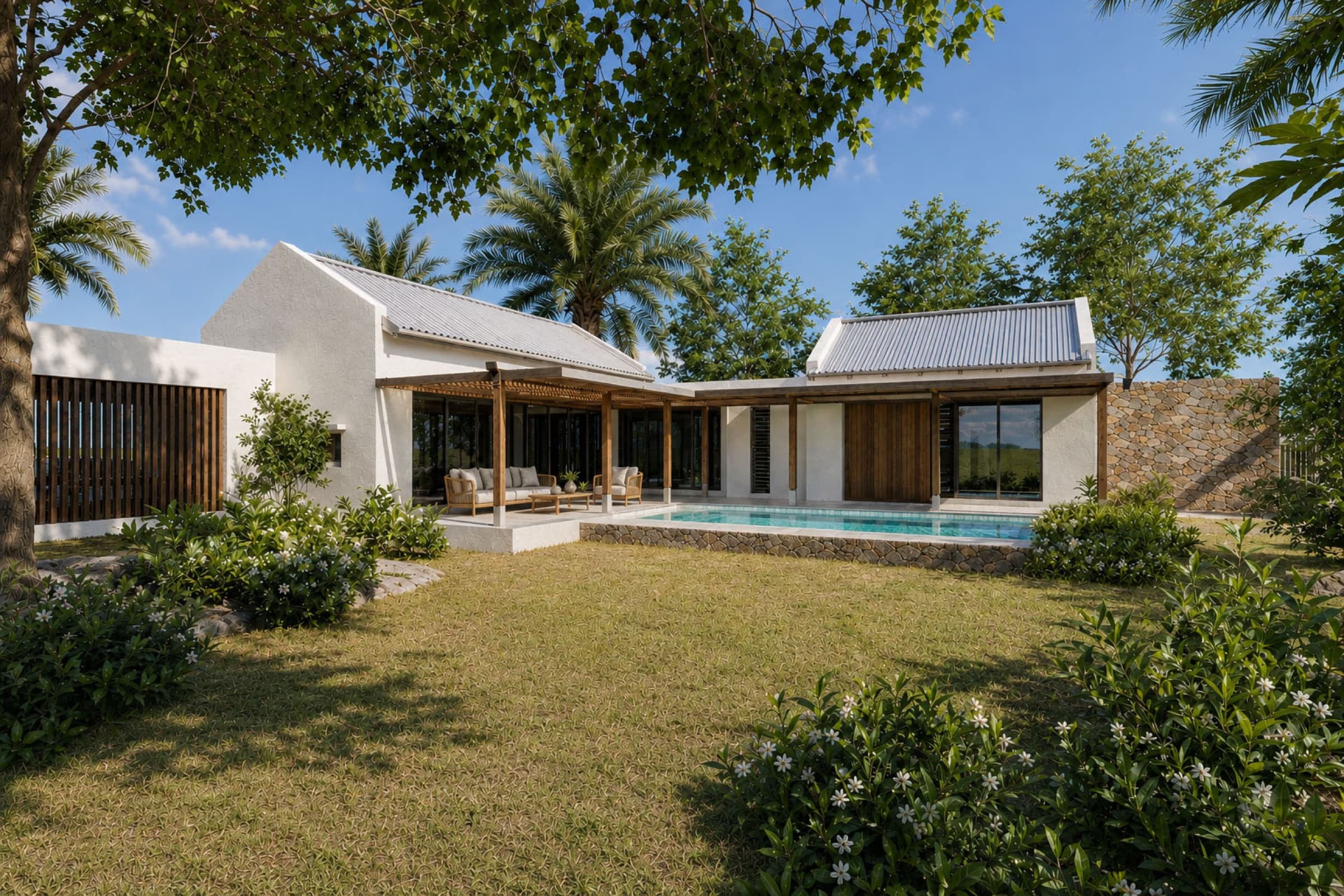 Type G villa seen across the garden and swimming pool