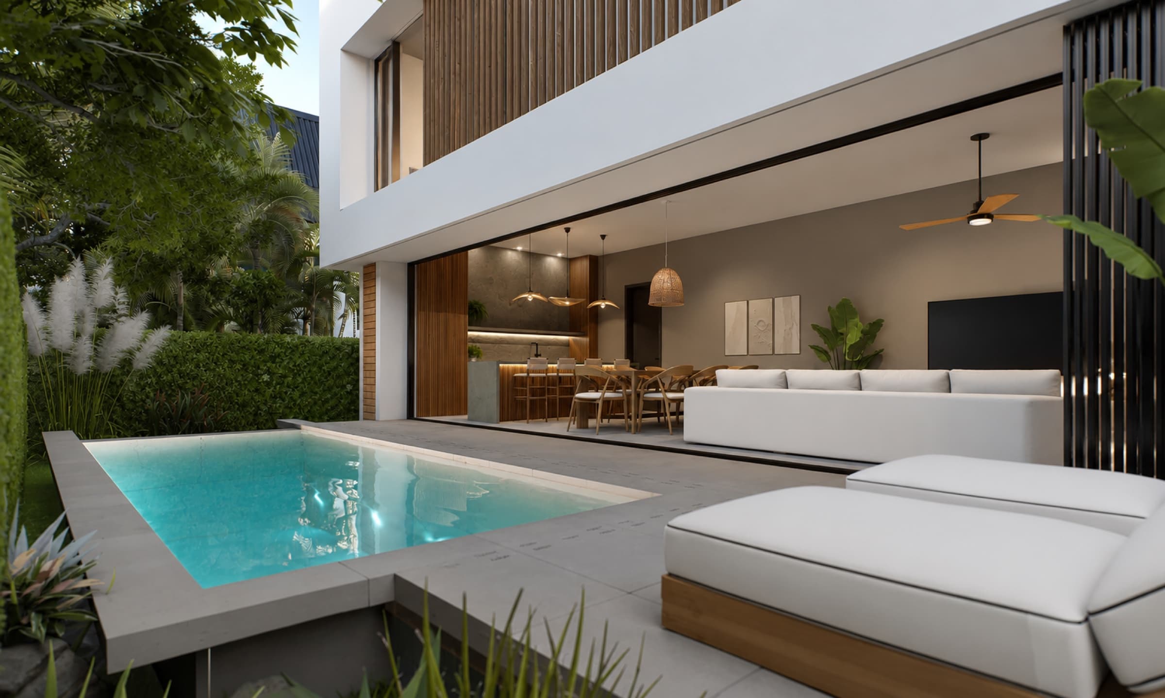 Type J villa exterior with pitched roofs and covered terrace