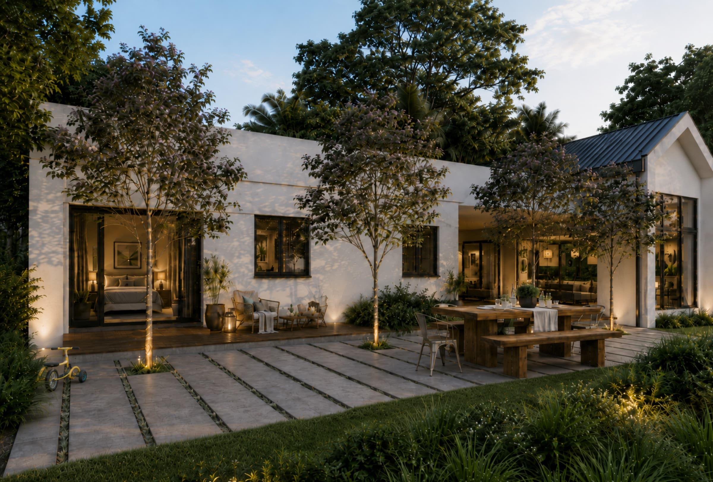 Courtyard elevation at evening with warm interior light