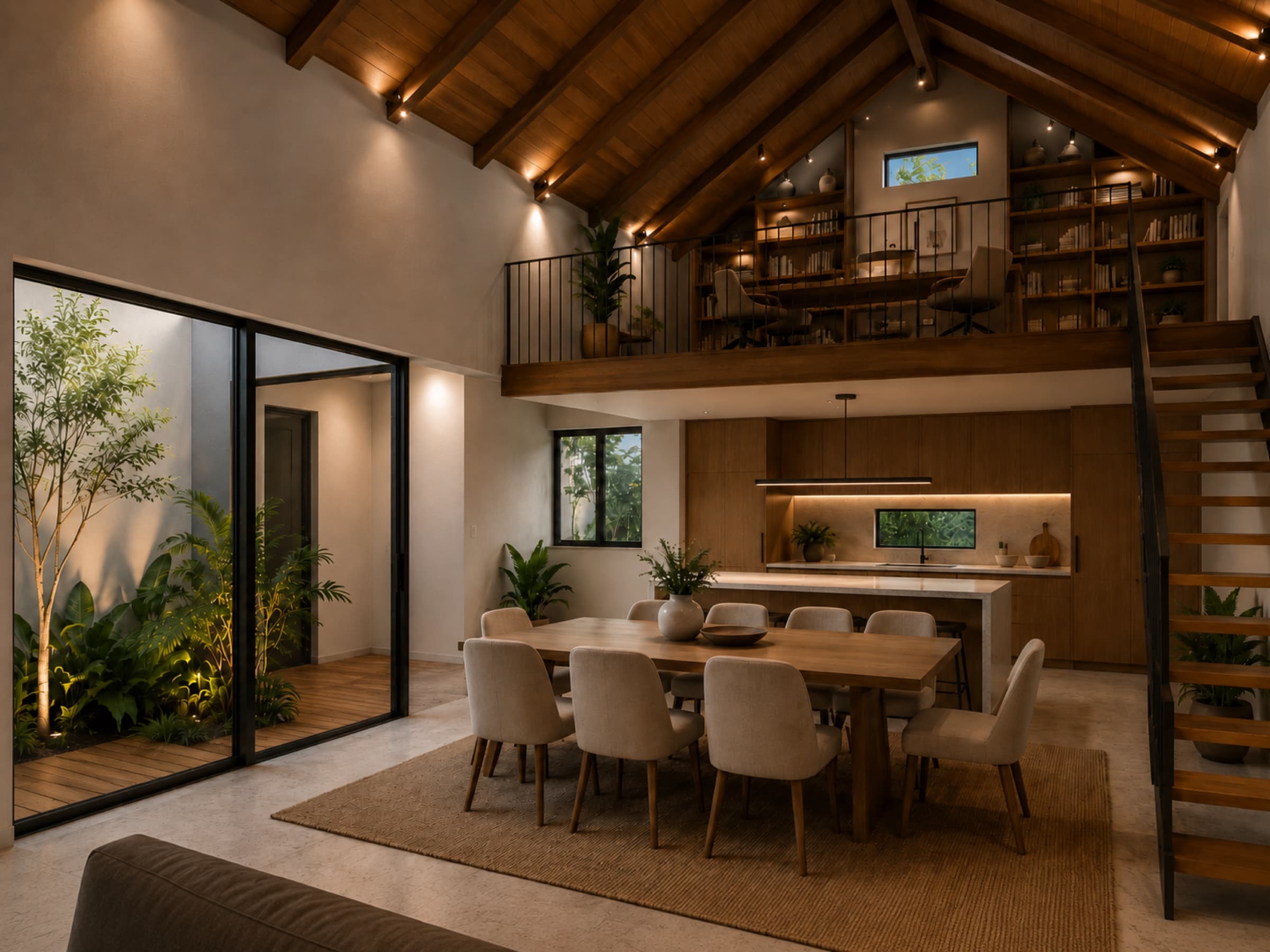 Double-height dining space with exposed timber roof structure