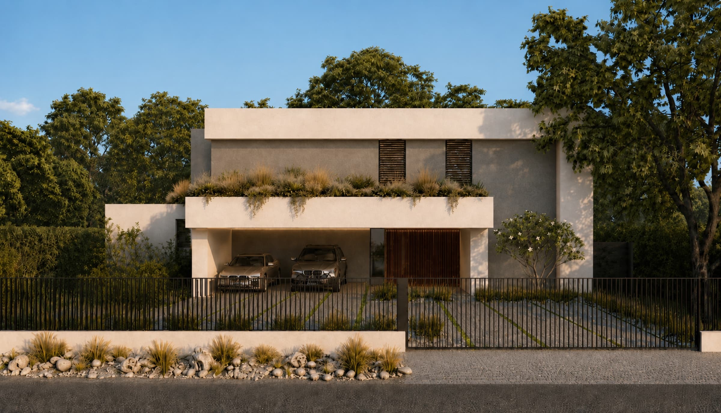Street facade with planted carport and screened openings