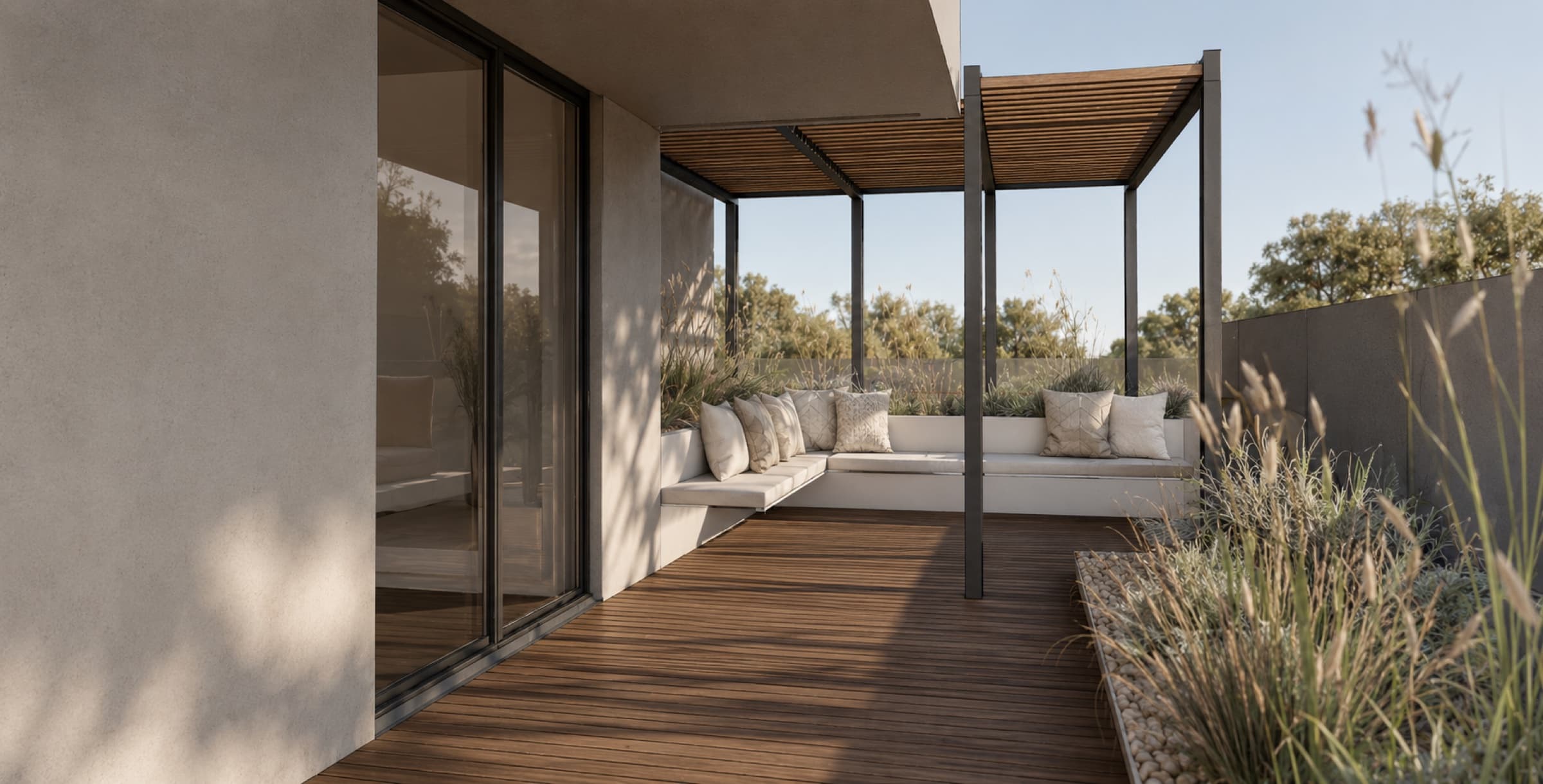 Landscaped upper terrace with lightweight pergola
