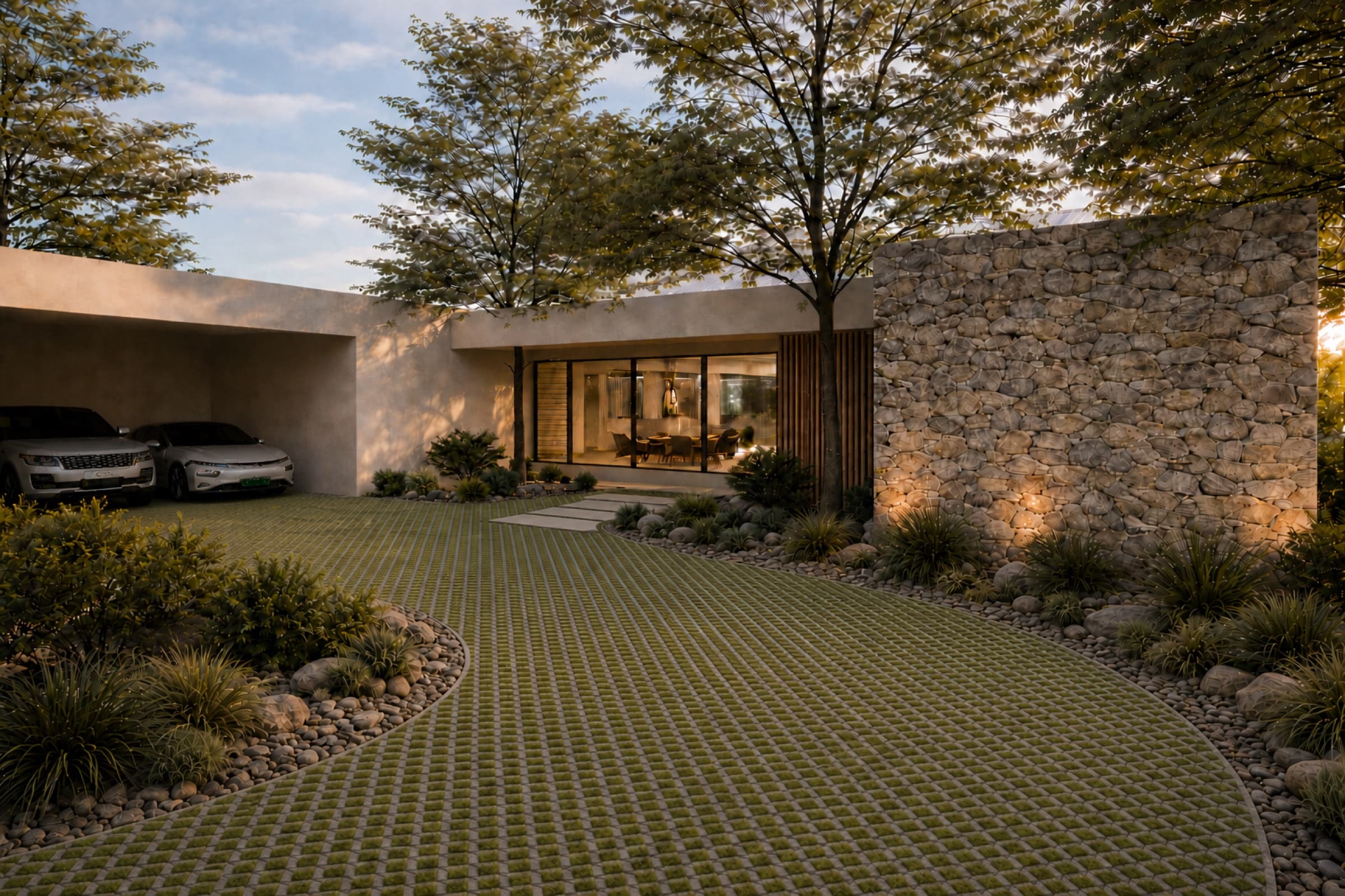 Entrance drive at dusk with stone wall, planted carport and trees