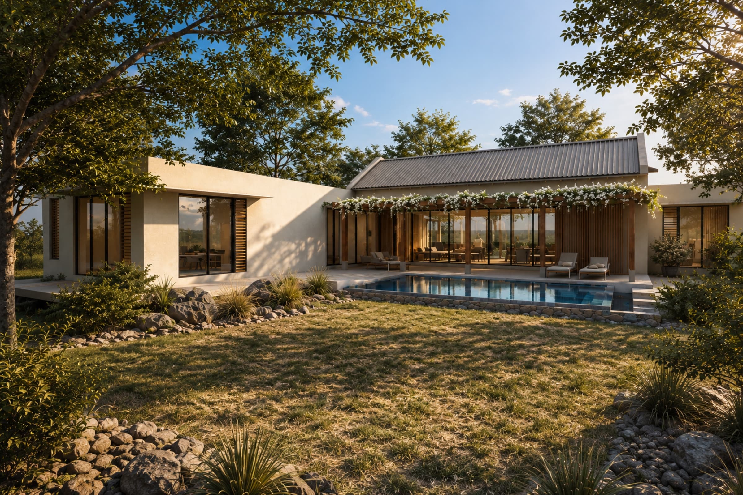 Garden and pool with the pitched central roof beyond