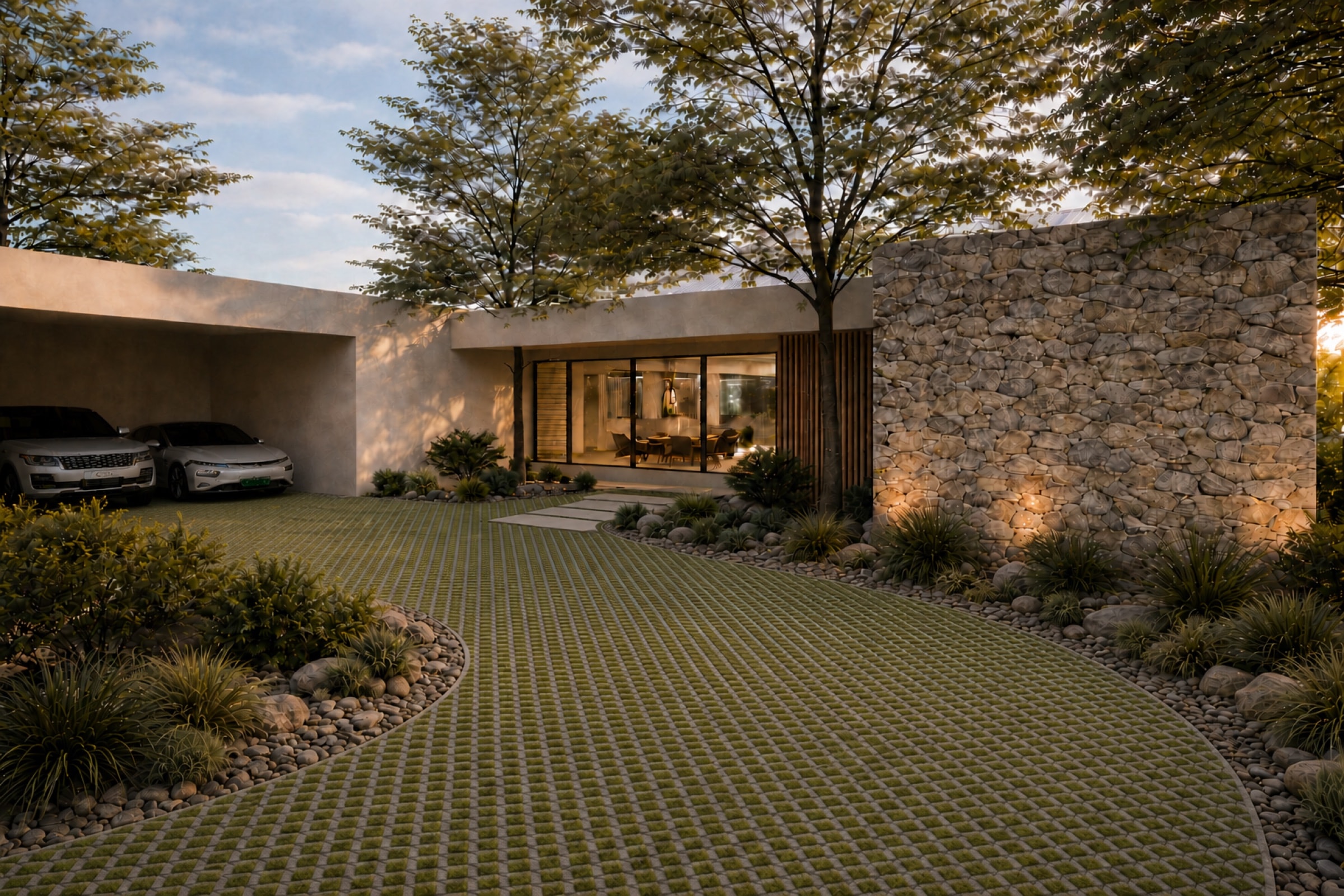 Entrance drive at dusk with stone wall, planted carport and trees